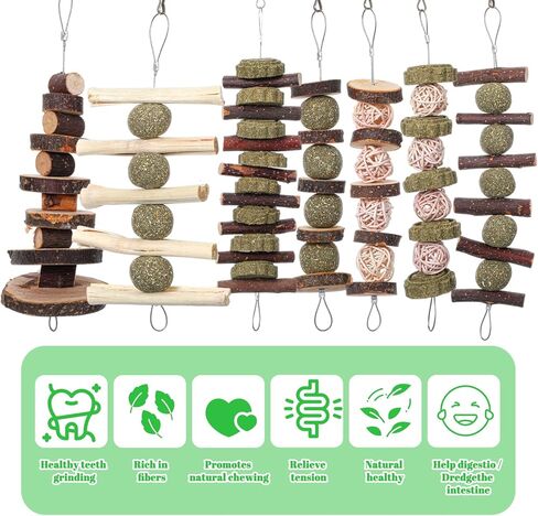 7 Pcs Bunny Chew Toys, Natural Apple Wood Hanging Rabbit Chew Toy Treats for Guinea Pigs Hamsters Chinchilla Ferret Rats, Improve Small Animal Dental Health for Teeth Grinding in Kuwait