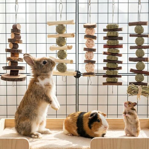 7 Pcs Bunny Chew Toys, Natural Apple Wood Hanging Rabbit Chew Toy Treats for Guinea Pigs Hamsters Chinchilla Ferret Rats, Improve Small Animal Dental Health for Teeth Grinding in Kuwait