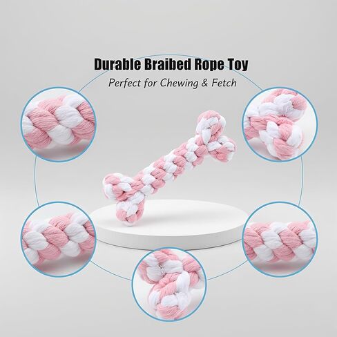 Dog Rope Toys Set with Bone-Shaped Chew Toy, Durable Cotton Rope Toys for Teething, Training, and Interactive Play for Small to Medium Dogs (Pink & White) in Kuwait