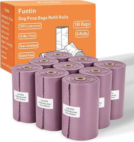 Funtin Premium Dog Poop Bags, 13''x9'' Leak Proof, Extra Thick 18-Micron Unscented Strong Waste Bag Refill Rolls (180-Bags Only (Purple)) in Saudi Arabia