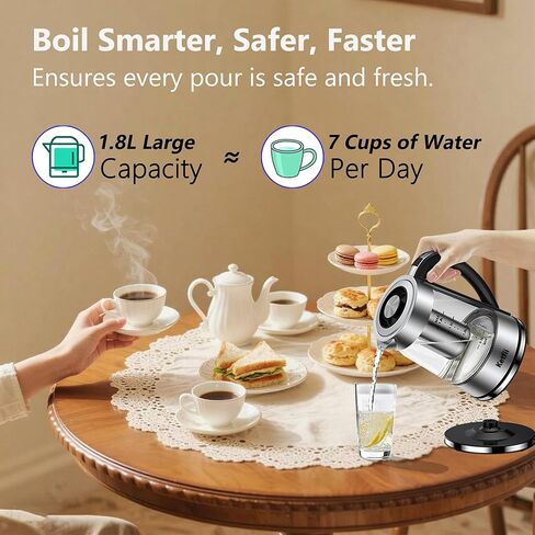 Electric Kettle with British Strix Thermostat, 1.8L 1500W, 24-Hour Keep Warm, Removable Lid, Glass Tea Kettle & Hot Water Boiler, BPA-FREE, Auto Shut-Off & Boil-Dry Protection, 304 Stainless Steel in Kuwait