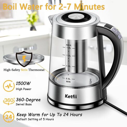 Electric Kettle with British Strix Thermostat, 1.8L 1500W, 24-Hour Keep Warm, Removable Lid, Glass Tea Kettle & Hot Water Boiler, BPA-FREE, Auto Shut-Off & Boil-Dry Protection, 304 Stainless Steel in Kuwait