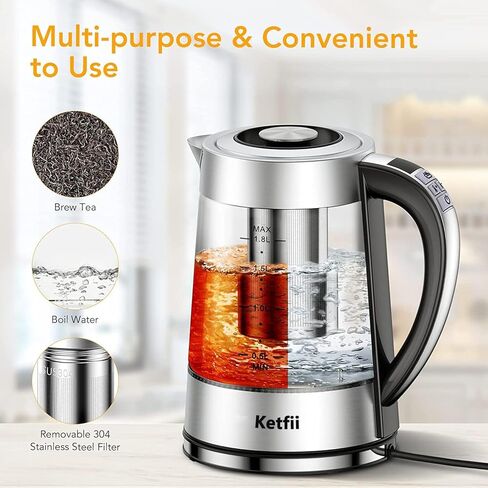 Electric Kettle with British Strix Thermostat, 1.8L 1500W, 24-Hour Keep Warm, Removable Lid, Glass Tea Kettle & Hot Water Boiler, BPA-FREE, Auto Shut-Off & Boil-Dry Protection, 304 Stainless Steel in Kuwait