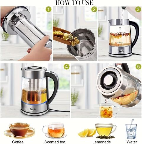 Electric Kettle with British Strix Thermostat, 1.8L 1500W, 24-Hour Keep Warm, Removable Lid, Glass Tea Kettle & Hot Water Boiler, BPA-FREE, Auto Shut-Off & Boil-Dry Protection, 304 Stainless Steel in Kuwait