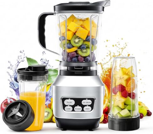 Simple Deluxe Smoothie Blender, 1200W Powerful Countertop Blenders for Kitchen, 60 oz Capacity Blender for Smoothies with BPA-Free Portable Cups, Ice Crushing, Juices, Shakes and Sauces, Silver in Kuwait
