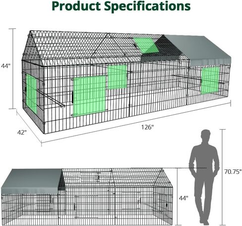 PawGiant Chicken Coop, Chicken Run Pen for Yard with Cover Outdoor Metal Portable Chicken Tractor Cage Enclosure Crate Outside for Small Animals Duck Rabbit Hen 130"×40"×40" in Kuwait