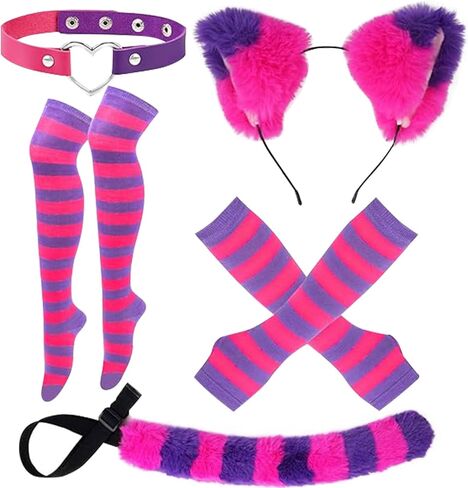 5Pcs Pink Purple Striped Cat Costume Set, Halloween Costume with Plush Ears, Adjustable Tail, Knee Socks, Gloves, Collar, for Women, Girls, Halloween Cosplay Party Outfit in Kuwait