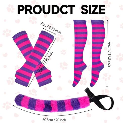 5Pcs Pink Purple Striped Cat Costume Set, Halloween Costume with Plush Ears, Adjustable Tail, Knee Socks, Gloves, Collar, for Women, Girls, Halloween Cosplay Party Outfit in Kuwait