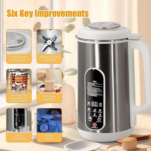 8 in 1 Nut Milk Maker Machine, 42oz Stainless Steel Automatic Soy Milk Maker with Delay Start & Keep Warm & Boil Water & Low Noise & Self-Clean, Milk Blender for Almond, Oat, Juice, Coconut in Kuwait