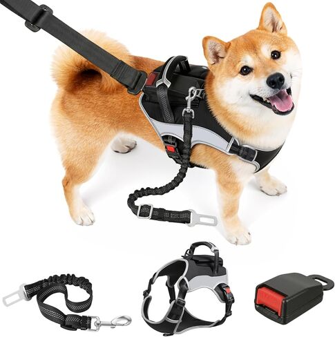 PartsBling Dog Car Harness, Dog Seat Belt Harness for Car, No Pull Adjustable Dog Harness with Seat Belt Attachment, Breathable Padded Vest with Handle for Walking, Training & Car Travel, M in Kuwait