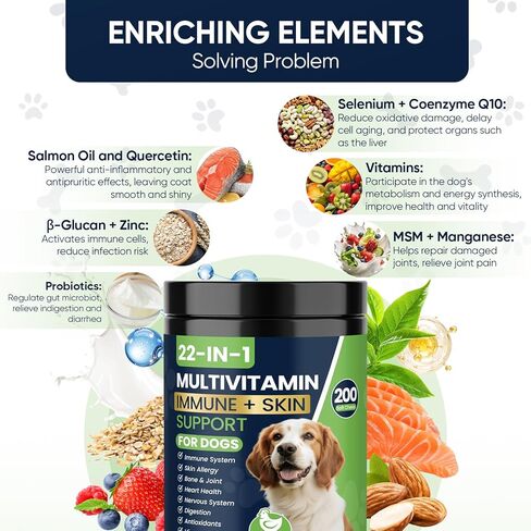 22-in-1 Dog Vitamins and Supplements 200 Chews Dog Multivitamin Chewable Containing Omega-3 Quercetin Probiotics Multivitamin for Dogs Beneficial for Joint Skin Coat Immunity Intestinal Digestion in Kuwait