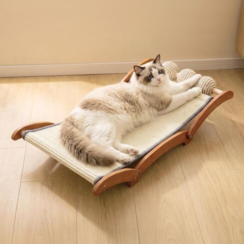 3-in-1 Extra-Large Cat Scratcher Bed with 3 Interactive Sisal Balls, Solid Wood Scratching Post Lounge with Toy, Sturdy Hammock for Large Cats to Sleep, Scratch & Play in Kuwait
