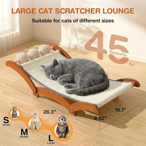 3-in-1 Extra-Large Cat Scratcher Bed with 3 Interactive Sisal Balls, Solid Wood Scratching Post Lounge with Toy, Sturdy Hammock for Large Cats to Sleep, Scratch & Play in Kuwait