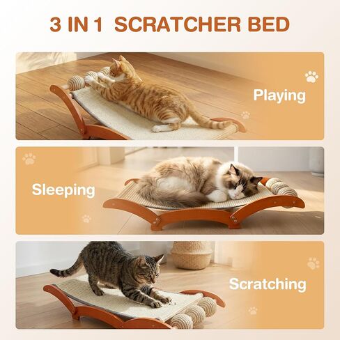3-in-1 Extra-Large Cat Scratcher Bed with 3 Interactive Sisal Balls, Solid Wood Scratching Post Lounge with Toy, Sturdy Hammock for Large Cats to Sleep, Scratch & Play in Kuwait