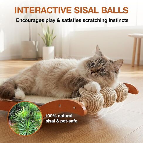 3-in-1 Extra-Large Cat Scratcher Bed with 3 Interactive Sisal Balls, Solid Wood Scratching Post Lounge with Toy, Sturdy Hammock for Large Cats to Sleep, Scratch & Play in Kuwait