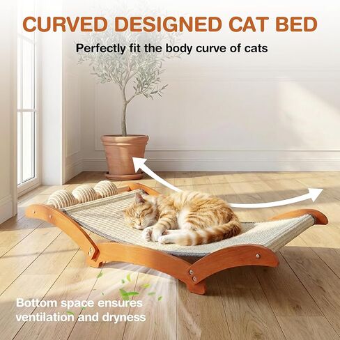 3-in-1 Extra-Large Cat Scratcher Bed with 3 Interactive Sisal Balls, Solid Wood Scratching Post Lounge with Toy, Sturdy Hammock for Large Cats to Sleep, Scratch & Play in Kuwait