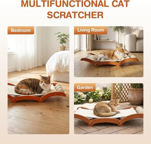 3-in-1 Extra-Large Cat Scratcher Bed with 3 Interactive Sisal Balls, Solid Wood Scratching Post Lounge with Toy, Sturdy Hammock for Large Cats to Sleep, Scratch & Play in Kuwait