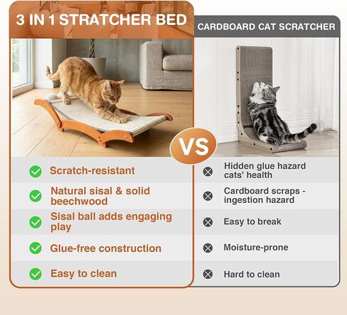 3-in-1 Extra-Large Cat Scratcher Bed with 3 Interactive Sisal Balls, Solid Wood Scratching Post Lounge with Toy, Sturdy Hammock for Large Cats to Sleep, Scratch & Play in Kuwait