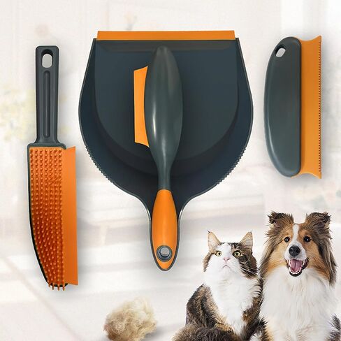 Paws & Co. Pet Hair Remover for Dogs Cats - 4-in-1 Cleaning Kit with Grooming Brush, Massage Comb & Dustpan - Fur Cleaner for Furniture, Carpet, Car, Sofa in Kuwait