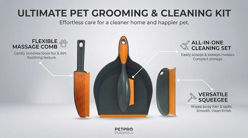 Paws & Co. Pet Hair Remover for Dogs Cats - 4-in-1 Cleaning Kit with Grooming Brush, Massage Comb & Dustpan - Fur Cleaner for Furniture, Carpet, Car, Sofa in Kuwait