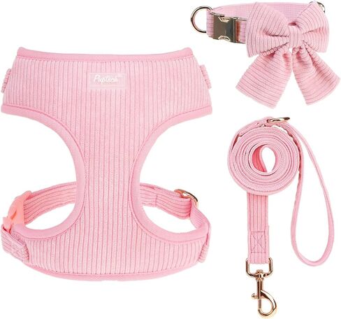 PUPTECK Dog Harness Collar and Leash Set, Adjustable No Pull Pet Vest Harness, Soft Mesh Corduroy with Cute Bow Tie, for Small Medium Dogs Puppy Outdoor Walking, Pink S in Kuwait