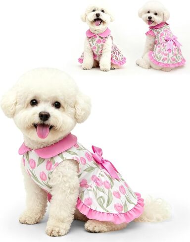 CuteBone 4th of July Pet Dress with Peter Pan Collar - Patriotic USA Flag Pattern - Sleeveless Ruffled Skirt with Bow for Small Dogs, Cats - Festive & Daily Wear in Kuwait