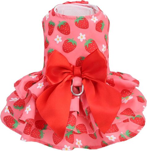PUPTECK Cute Dog Dress with Bowknot and Leash Ring, Soft Breathable Dog Clothes Puppy Princess Girl Outfit, Pet Apparel Costume for Small Medium Sized Dogs, Pink Strawberry M in Saudi Arabia
