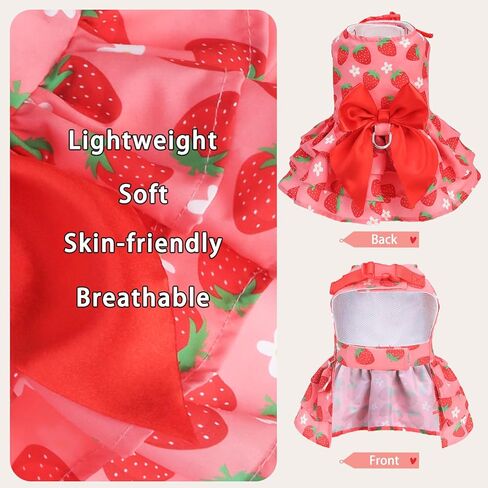 PUPTECK Cute Dog Dress with Bowknot and Leash Ring, Soft Breathable Dog Clothes Puppy Princess Girl Outfit, Pet Apparel Costume for Small Medium Sized Dogs, Pink Strawberry M in Saudi Arabia
