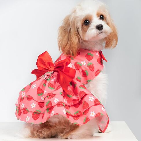PUPTECK Cute Dog Dress with Bowknot and Leash Ring, Soft Breathable Dog Clothes Puppy Princess Girl Outfit, Pet Apparel Costume for Small Medium Sized Dogs, Pink Strawberry M in Saudi Arabia