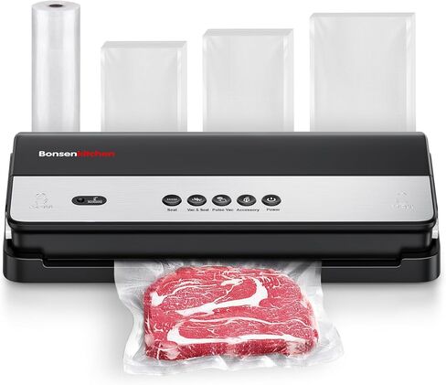 Bonsenkitchen Vacuum Sealer, Multi-Functional Food Sealer with 1 Roll Bag+ 50 Bags, Fast-Compact Design | Bag Storage | Built-in Cutter, External Vacuum System & Accessory Tube, Silver in Saudi Arabia