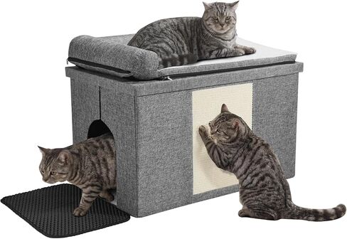 Cat Litter Box Enclosure Furniture, Hidden Litter Box with Cat Bed, Waterproof Odor Control Litter Box Cover, Dog Proof Foldable Storage Bench, Easy Assembly (Grey, Large (30" x 17.7"x 17.7")) in Kuwait