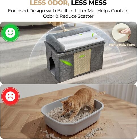 Cat Litter Box Enclosure Furniture, Hidden Litter Box with Cat Bed, Waterproof Odor Control Litter Box Cover, Dog Proof Foldable Storage Bench, Easy Assembly (Grey, Large (30" x 17.7"x 17.7")) in Kuwait