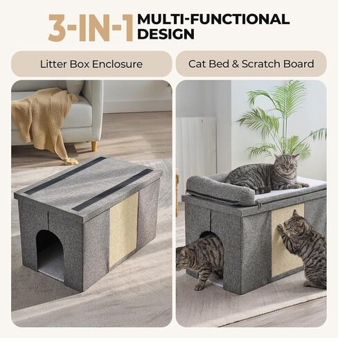 Cat Litter Box Enclosure Furniture, Hidden Litter Box with Cat Bed, Waterproof Odor Control Litter Box Cover, Dog Proof Foldable Storage Bench, Easy Assembly (Grey, Large (30" x 17.7"x 17.7")) in Kuwait