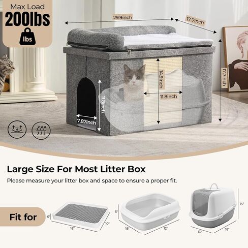 Cat Litter Box Enclosure Furniture, Hidden Litter Box with Cat Bed, Waterproof Odor Control Litter Box Cover, Dog Proof Foldable Storage Bench, Easy Assembly (Grey, Large (30" x 17.7"x 17.7")) in Kuwait