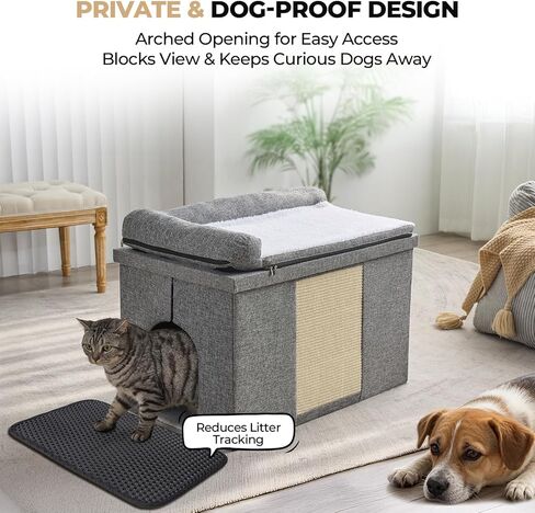 Cat Litter Box Enclosure Furniture, Hidden Litter Box with Cat Bed, Waterproof Odor Control Litter Box Cover, Dog Proof Foldable Storage Bench, Easy Assembly (Grey, Large (30" x 17.7"x 17.7")) in Kuwait