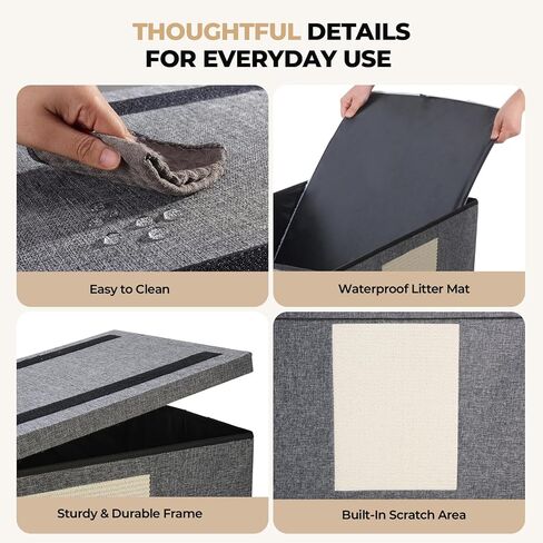 Cat Litter Box Enclosure Furniture, Hidden Litter Box with Cat Bed, Waterproof Odor Control Litter Box Cover, Dog Proof Foldable Storage Bench, Easy Assembly (Grey, Large (30" x 17.7"x 17.7")) in Kuwait