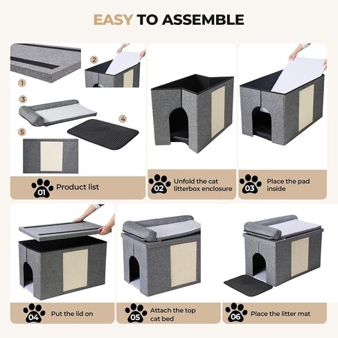 Cat Litter Box Enclosure Furniture, Hidden Litter Box with Cat Bed, Waterproof Odor Control Litter Box Cover, Dog Proof Foldable Storage Bench, Easy Assembly (Grey, Large (30" x 17.7"x 17.7")) in Kuwait