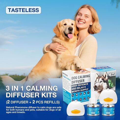 Dog Calming Pheromones Diffuser 3 in 1 Kit Appeasing Pheromone Diffuser to Calm (2 Plug in+2 Pack 48ml Refill) for Anxiety Relief Reduce Aggression Fighting Barking Stress 60 Day Supply(Tasteless) in Kuwait