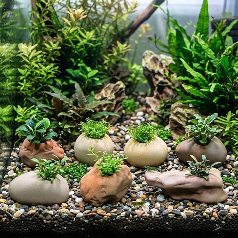 مجموعة حامل نباتات حوض السمك من السيراميك مكونة من 14 قطعة مع 7 تصميمات طبيعية - الحجر الغريب، وحجر البيض، وقمة الجبل، والتلال، والتلال، والجرف، وسلسلة الجبال لزراعة النباتات المائية وتزيين حوض الأسماك in Kuwait