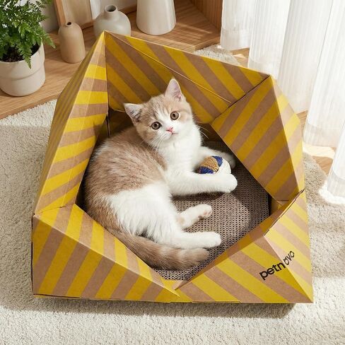 PETNOVO Foldable Cardboard Cat House Bed for Indoor Cats, Collapsible Cat Hideaway with Corrugated Scratcher Insert, Low Entry, Paper Build, 18.5 x 18.5 x 11.8 in, Yellow in Kuwait