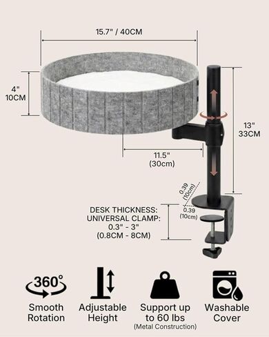 Felt Desk Cat Bed, Gray Felt with White Plush Interior, Adjustable Height Stand in Kuwait