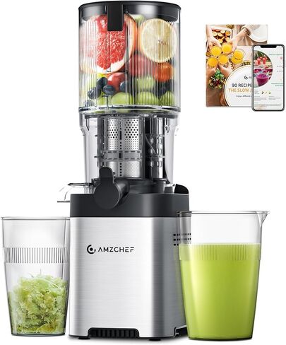 AMZCHEF Cold Press Juicer, 5.4" Juicer Machines with Large Feed Chute for Whole Fruits & Vegetables, Stainless Steel Juice Extractor with Large Auger, Dual Strainers, Easy Cleanup & Assembly in Kuwait