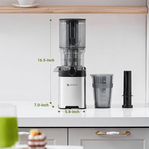 AMZCHEF Cold Press Juicer, 5.4" Juicer Machines with Large Feed Chute for Whole Fruits & Vegetables, Stainless Steel Juice Extractor with Large Auger, Dual Strainers, Easy Cleanup & Assembly in Kuwait