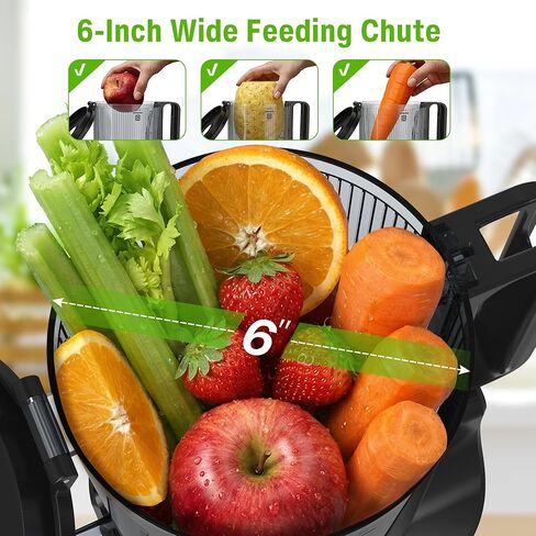 Cold Press Juicer, Juicer Machines with 6" Large Wide Feed Chute, High Juice Yield Slow Masticating Juicer, Easy to Clean, Quiet Brushless Copper Motor, Juicers for Whole Fruits & Vegetables in Kuwait