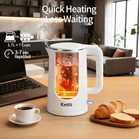 غلاية كهربائية سعة 1.7 لتر، وعاء داخلي بدون خياطة، تصميم بجدار مزدوج، خالية من مادة BPA، غلاية شاي وقهوة ومياه ساخنة، فتحة غطاء مزدوجة الزاوية، إغلاق تلقائي وحماية من الغليان الجاف، 304 من الفولاذ المقاوم للصدأ، 1000 وات in Kuwait