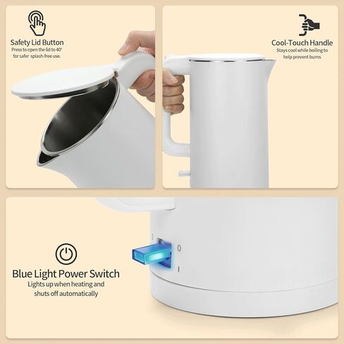 غلاية كهربائية سعة 1.7 لتر، وعاء داخلي بدون خياطة، تصميم بجدار مزدوج، خالية من مادة BPA، غلاية شاي وقهوة ومياه ساخنة، فتحة غطاء مزدوجة الزاوية، إغلاق تلقائي وحماية من الغليان الجاف، 304 من الفولاذ المقاوم للصدأ، 1000 وات in Kuwait