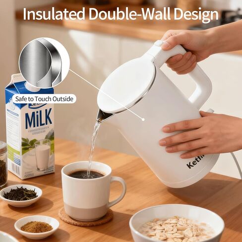 غلاية كهربائية سعة 1.7 لتر، وعاء داخلي بدون خياطة، تصميم بجدار مزدوج، خالية من مادة BPA، غلاية شاي وقهوة ومياه ساخنة، فتحة غطاء مزدوجة الزاوية، إغلاق تلقائي وحماية من الغليان الجاف، 304 من الفولاذ المقاوم للصدأ، 1000 وات in Kuwait