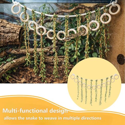 Handcrafted Reptile Climbing Vines - Natural Jungle Rope with 11 Wooden Rings - Versatile Habitat Enrichment Toy for Ball Pythons, Corn Snakes, Chameleons, and Arboreal Amphibians in Kuwait