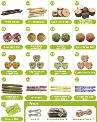 68pcs DIY Rabbit Chew Toys,Rabbit Toy for Bunnies Boredom Bunny Toys for Teeth, Timothy Stick, Apple Sticks, Sweet Bamboo, for Guinea Pig, Hamster, Chinchilla, Rat (19.04 Ounces (Pack of 1)) in Kuwait