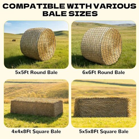 6x6 FT Heavy Duty Slow Feed Hay Net, 1.57-Inch Knotless Weatherproof Nylon Hay Net for Horses, Cattle, Goats, Sheep & Livestock, Outdoor Round Bale Feeder to Reduce Waste in Kuwait